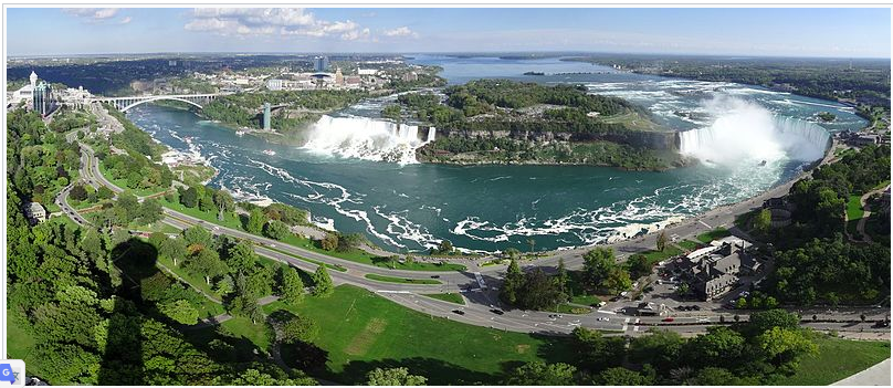 Rainbow bridge, the American, Bridal Veil, and Horseshoe Falls as seen from the Skylon Tower in 2016 (wikipedia)